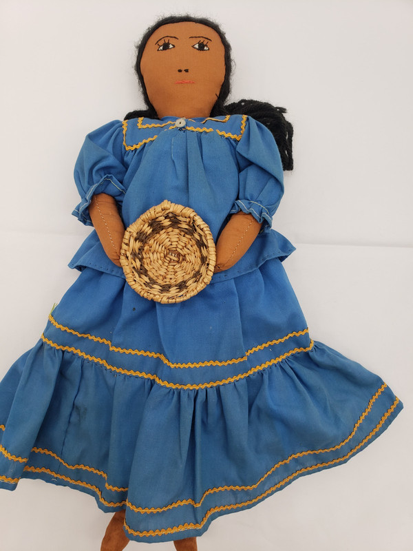 Vintage Native American Cloth Doll 17" Blue Rick Rack Dress Woven Basket