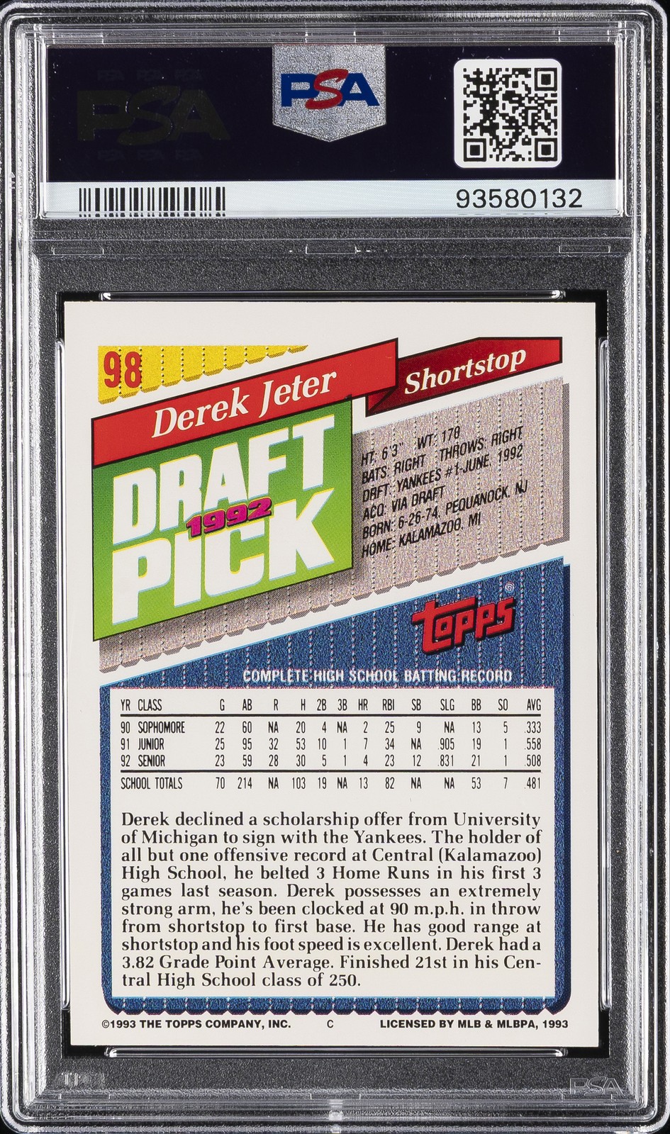 1993 TOPPS #98 DEREK JETER ROOKIE RC PSA 7 view 2