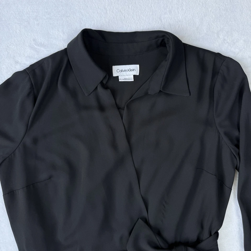 Vestido Calvin Klein 10 Negro Envolvente Cuello Corbata Manga Larga Midi Maxi Trabajo Formal Foto 4 de 4