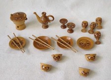23 Pc. Vintage Miniature Handcrafted Wooden Butterfly Asian Tea Set Dollhouse