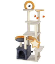 63 Inch Moon and Star Themed Cat Tree with Scratching Post, Hammock, Condo, Bed