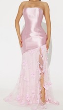 Pink Satin/Mesh Strapless Sweetheart Gown Floral Embroidered Overlay Zip Long
