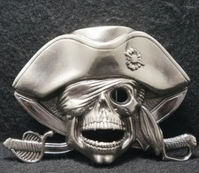 WK25109 VINTAGE 1990s PIRATE SKULL FANTASY FASHION MENS PEWTER BELT BUCKLE