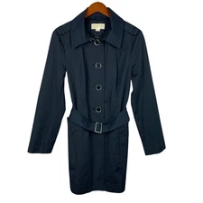 Michael Michael Kors Mid Length Trench Coat Black Belt Button Front Women's L