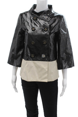 Tibi Women Pea Coat Black Faux Leather High Neck 3/4 Sleeve Size S