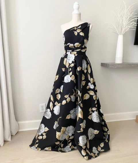carmen marc valvo one shoulder dress Carmen Marc Valvo Infusion One-Shoulder Jacquard A-Line Gown with Cold Shoulder Detail