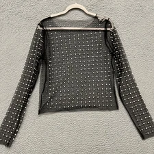 Davi & Dani Top Womens L Black Mesh Sheer Pearls Embellished WhimsyGoth Fairy