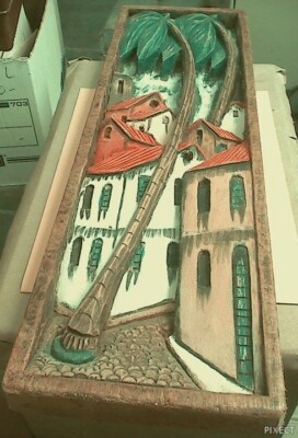 Vintage Diorama Island scene hand Carved wooden picture, 1 piece solid wood 24''