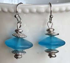 Etched Silver and Aqua Blue Sea Glass Bead Earrings.