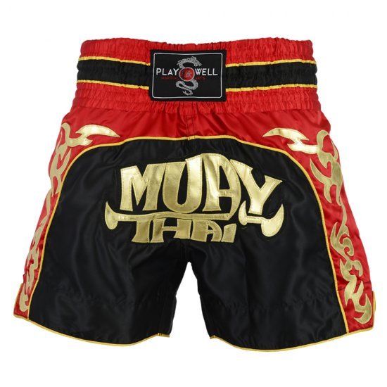 New Playwell Competition Muay Thai Fight Shorts Black/Red Trunks - Main Image