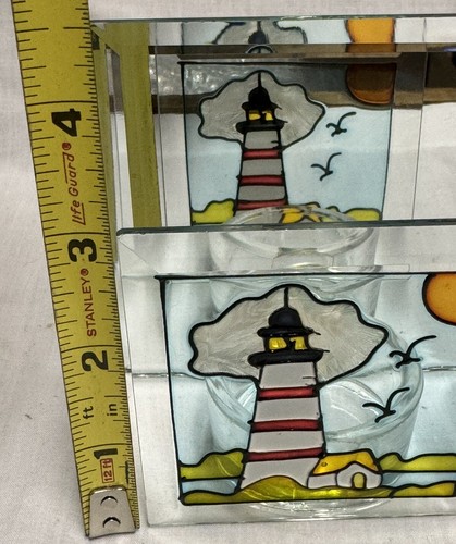 Stained Glass Lighthouse 3” Votive Tea Light Candle Holder Mirror Background 4” - Afbeelding 9 van 12