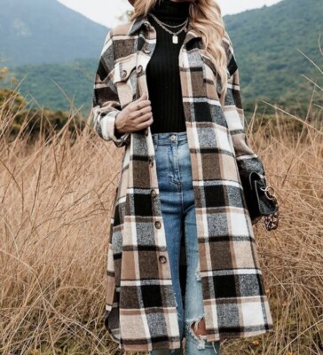 NWT Peaceglad Button Down Jacket Shacket Plaid Brown Black White Womens Size XS