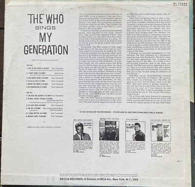 The Who Sings My Generation LP 1967 Decca DL 74664 Stereo Original