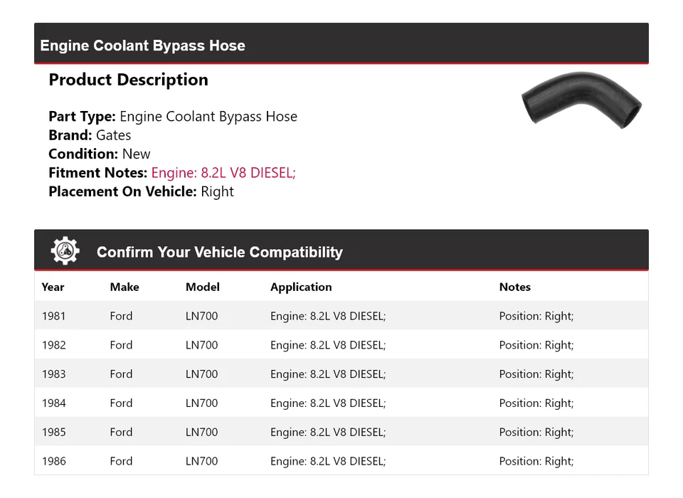 For 1981-1986 Ford LN700 8.2L V8 DIESEL Engine Coolant Bypass Hose Right Gates - Image 2 of 4