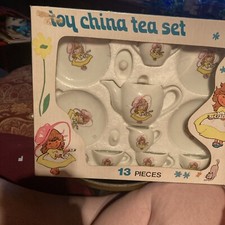 Vintage Child's TOY 13 piece China Tea Set NIB Little Girl On porcelain