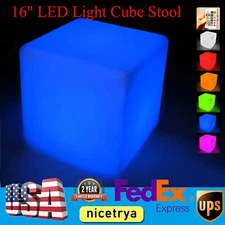 16" LED Light Cube Stools Chair W/ Remote Control 16 RGB Colors Rechargeable