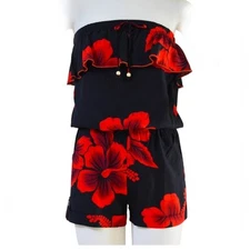 Favant Hawaiian Red and Black Hibiscus Floral Shorts Romper Jumpsuit Medium