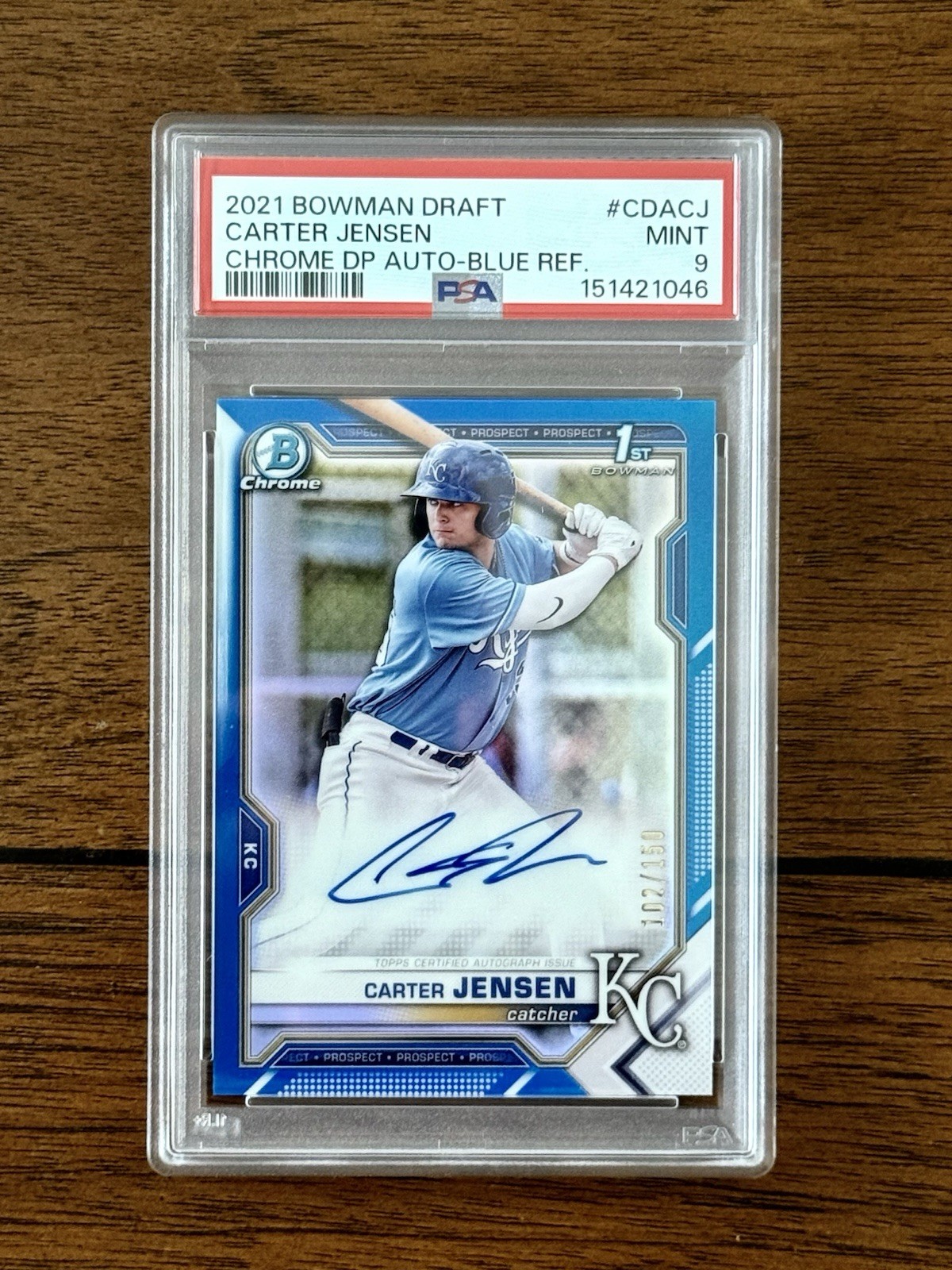 💥Carter Jensen💥2021 Bowman Chrome 1st True Blue Refractor Auto /150 PSA 9🔥