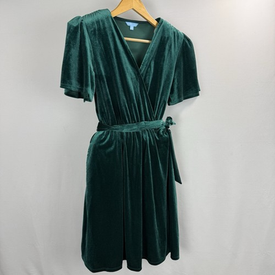 #ad Draper James Tie Waist Velvet Dress Womens Medium Green Flutter Sleeve Pockets $16.88