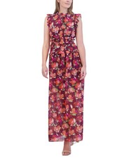 Vince Camuto Ruffled Floral Chiffon Maxi Dress Women's 2 Wine Back Zip Closure~