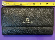 Authentic Large KATE SPADE Black Pebble Leather Trifold Wallet Checkbook Pocket