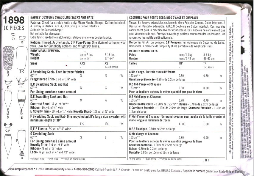 1898 Simplicity Vintage Sewing Pattern Nursery Accessories Swaddling Sacks Hat - Image 2 of 2