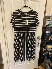 Nemidor Plus Size Striped Short Sleeve Fit and Flare Midi Dress with Pockets