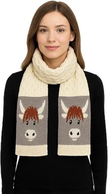 MYSASI Wool Scarf -Chunky Aran Pattern in 100 Percent Wool w. Highland Cow Design
