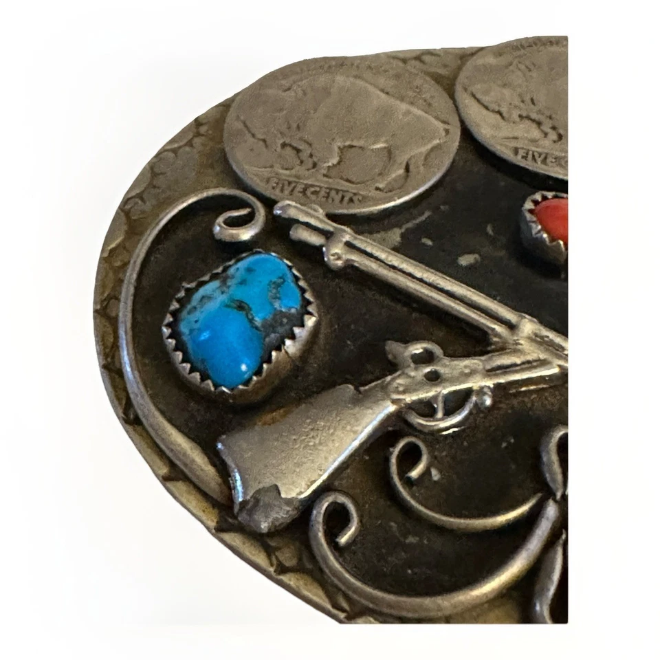 Vintage Sterling NATIVE  AMERICAN Belt Buckle - Buffalo Nickels Turquoise/Coral - Image 3 of 4