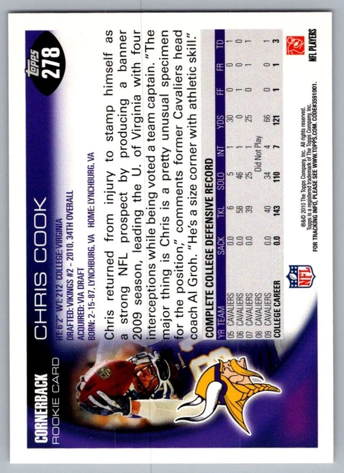 2010 Topps Chris Cook Rookie Minnesota Vikings #278 - Image 2 of 2