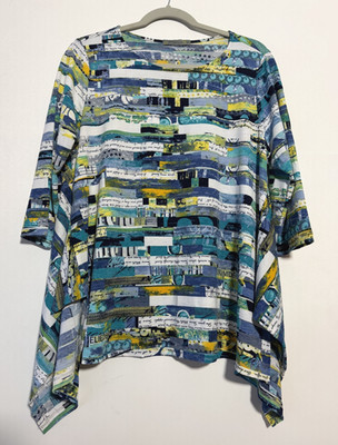Chalet Et Ceci Top Womens Medium 3/4 Sleeve Blue Green Asymetrical Blouse