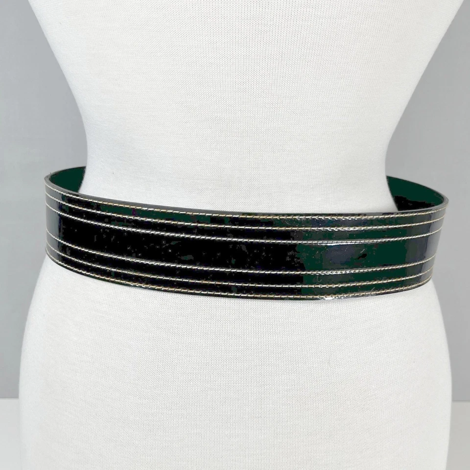 Широкий заявленный ремень черный лакированная кожа кремовый высокая талия винтажный - Изображение 2 из 3