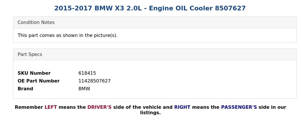 BMW X3 2015-2017 2,0 L - Enfriador de aceite del motor 8507627 Foto 4 de 4