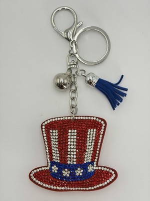 USA Flag Rhinestone Uncle Sam Hat Keychain Patriotic Crystal Bling Bag Charm 
