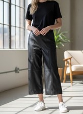 H M Black Faux Leather Pants Womens Size 10 High Rise Wide Leg
