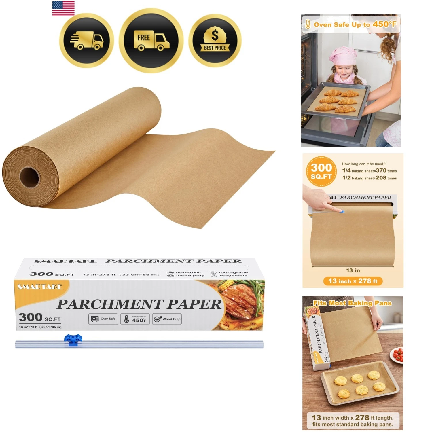 Parchment Paper Roll for Baking, 13 in x 278 ft, 300 sq.ft, Non-Stick Baking ...