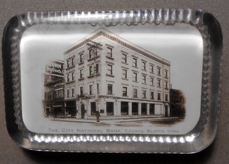 Council Bluffs, Iowa, The City National Bank (Real Photo). Glass paperweight, ab