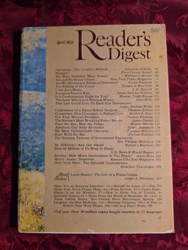 Readers Digest April 1974 James A. Michener Katherine Hepburn Hank Aaron