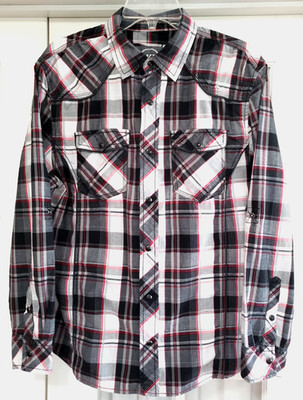BKE Mens Size M Black Red Plaid Roll Tab Long Sleeves Black Snaps Western Shirt