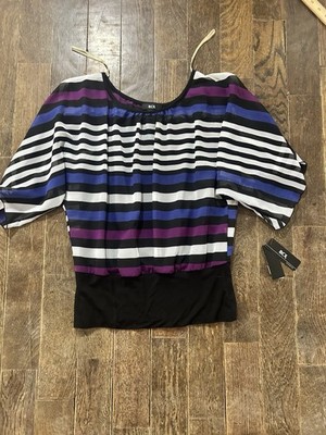 BCX Womens Med Colorful Short Sleeve Top Blouse Stripes Built In Tank top NWT