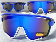 OVERSIZED Vintage Retro Sporty Wrap Shield Style SUN GLASSES Blue White Frame