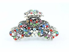 Antique silver metallic hair claw clip with colored rhinestones - Multi Color