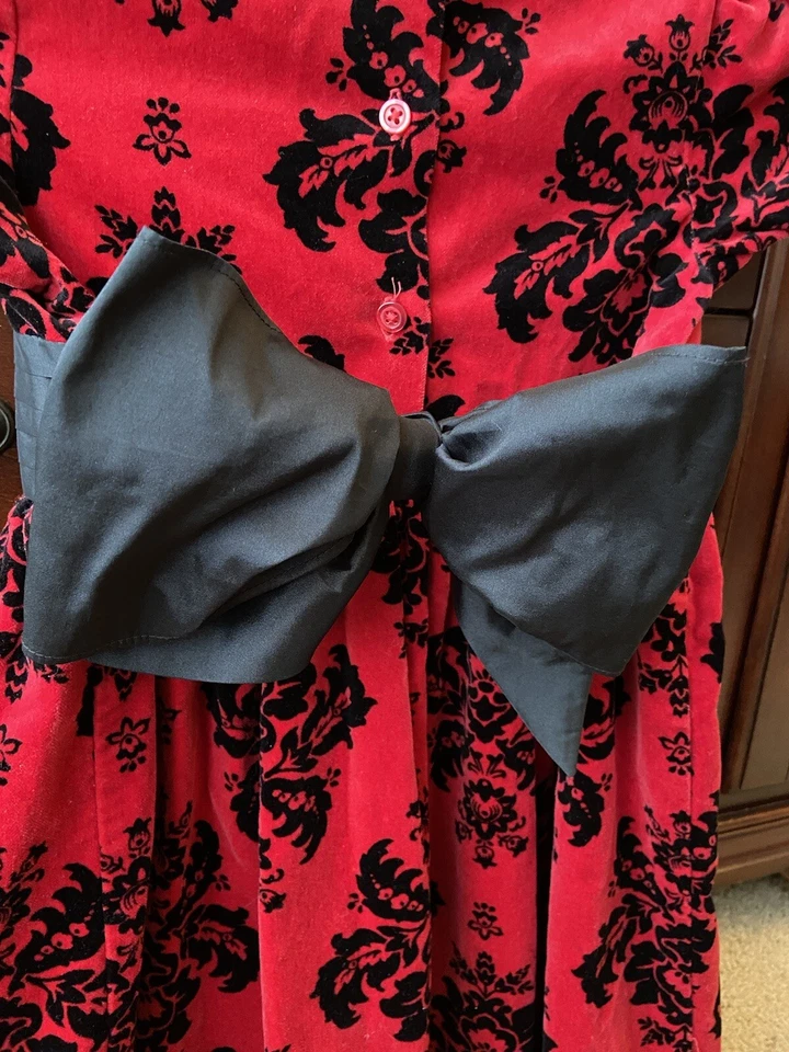 Twin Set Lot Girl’s 6 6X Red black velvet damask Holiday Christmas Bow Dress - Image 4 of 4