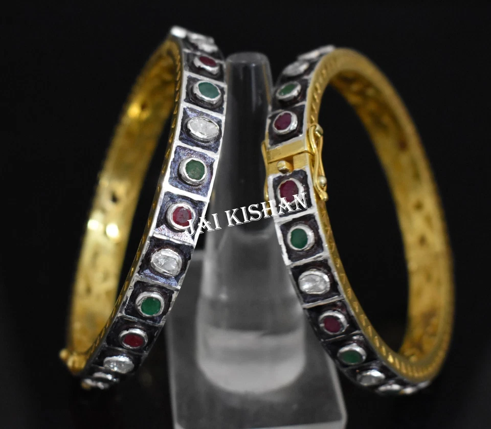 Emerald Ruby Gemstone 925 Sterling Silver Polki Diamond Victorian Bangle 1 Pcs - Image 4 of 4