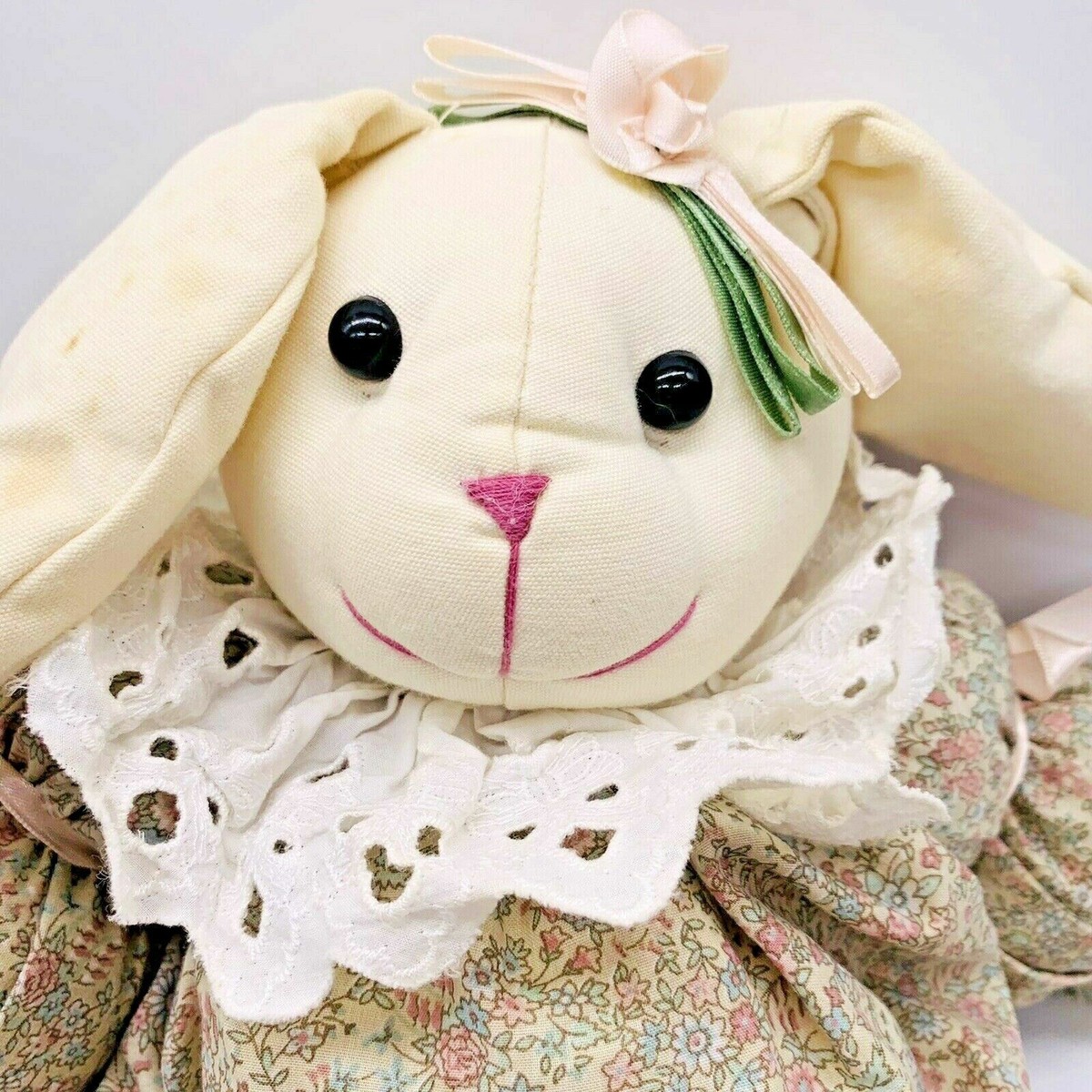 Vintage Handmade Folk Art Stuffed Bunny Rabbit Doll Flowered Dress