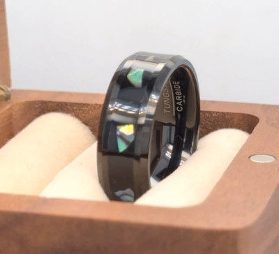Christmas jewelry Black Resin Abalone Shell Inlay Ring Black Tungsten Bold Ring 