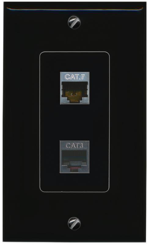 2 Port Black Decorative Jack Passthrough Keystone CAT7 PHONE Wall Plate