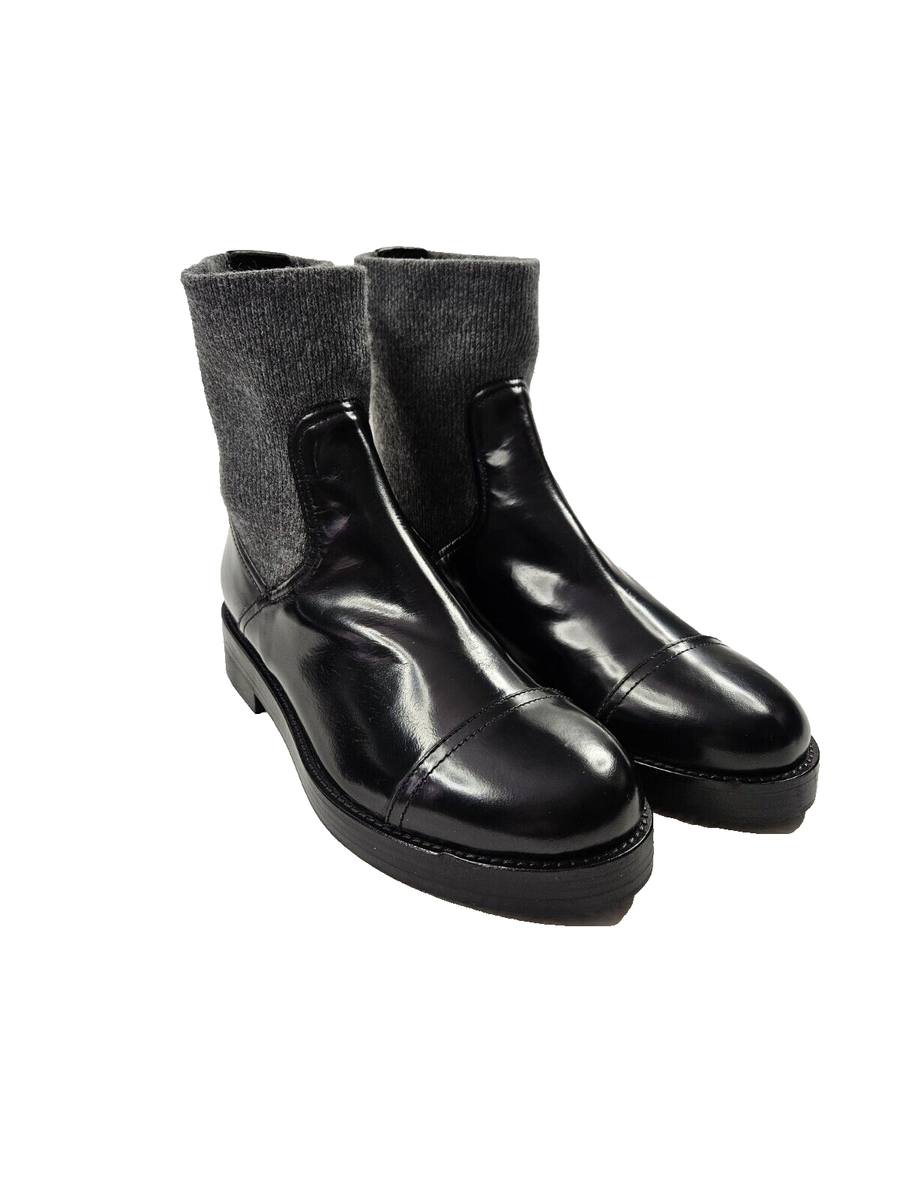 J Crew Lug Sole Chelsea Women Boots 12 Black Leather Gray Wool Cuff Flaws