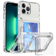 For iPhone 17 Pro Max 16e 15 12 11 Slim Transparent Clear Card Wallet Stand Case