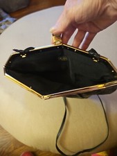 Vintage Mardane Black Clutch Handbag with Strap, Gold Tone Trim 4 Side Hinge Ope